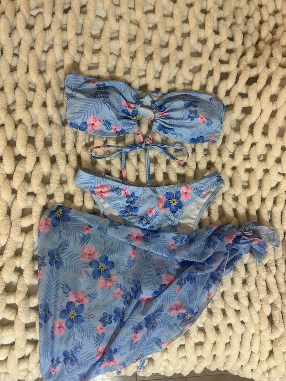 Blue Floral Bandeau Bikini Set with Matching Sarong